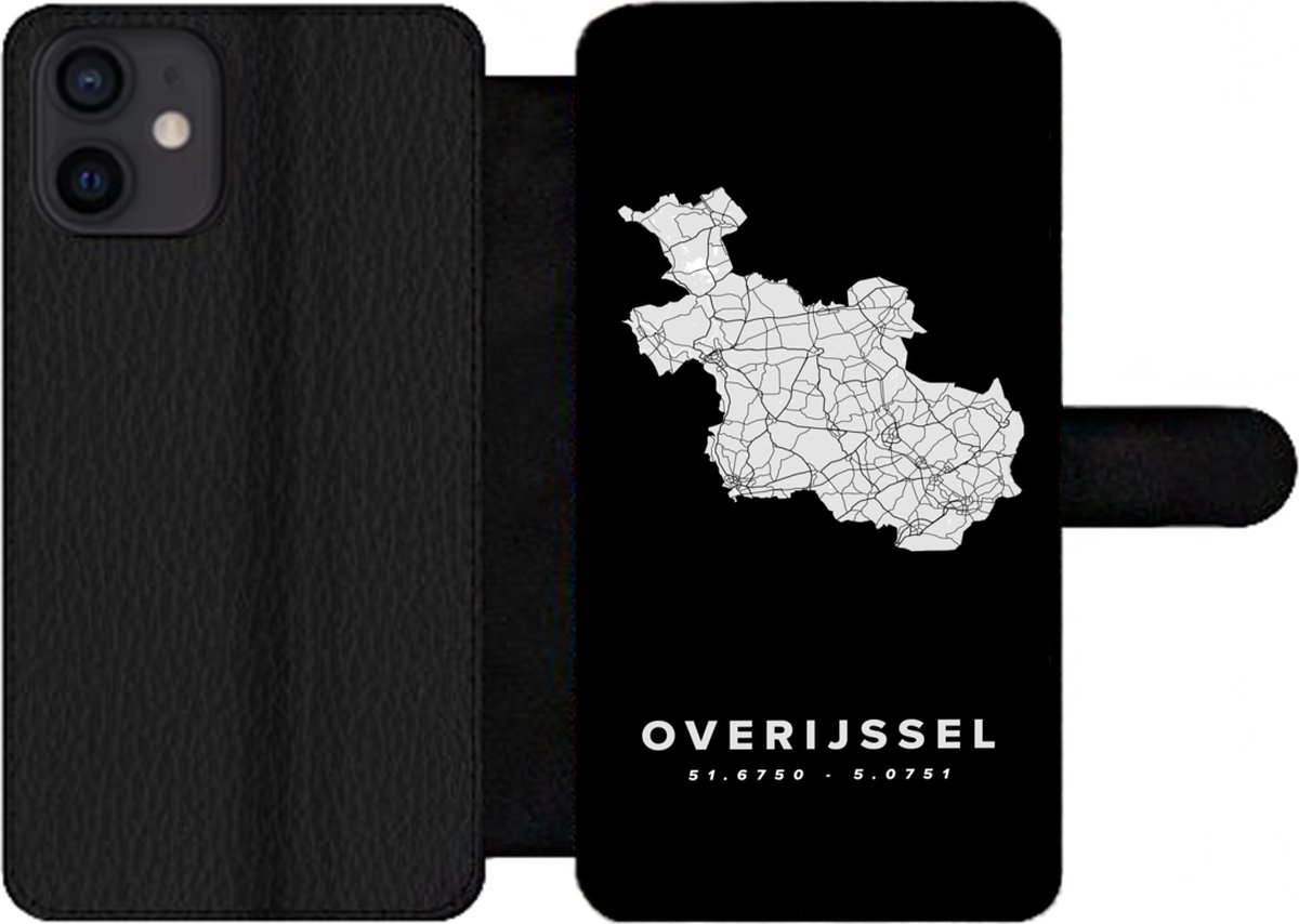 Telefoonhoesje Geschikt voor iPhone 12 telefoonhoesje - Overijssel - Wegenkaart Nederland - Zwart - Met vakjes - Wallet case met magneetsluiting