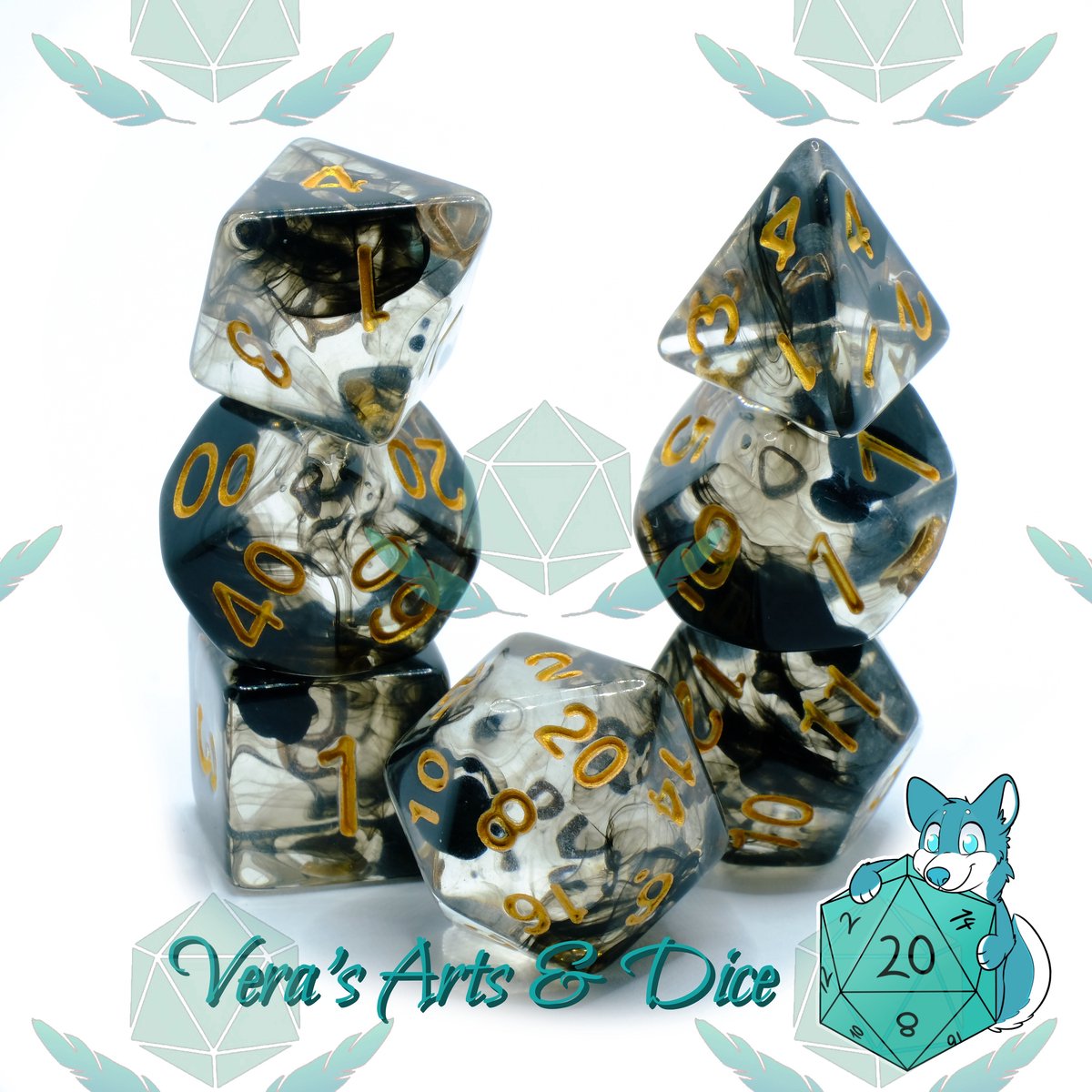 Polyset Dice | Dobbelstenen - Set Van 7 Stuks - Zwart Doorzichtig Transparant Goud| Voor D&D en Andere Rollenspellen | Plastic Dobbelstenen Set voor Dungeons and Dragons | Polyhedral Dice Set | Met Mooie Zwarte Velvet Dice Bag voor Ongeveer 3 Sets