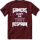 Gamers don't die T-shirt | Paars | Gaming kleding | Grappig game verjaardag cadeau shirt Heren – Dames – Unisex | - Burgundy - M