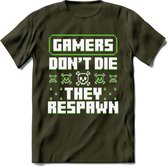 Gamers don't die pixel T-shirt | Groen | Gaming kleding | Grappig game verjaardag cadeau shirt Heren – Dames – Unisex | - Leger Groen - XXL