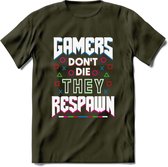 Gamers don't die T-shirt | Gaming kleding | Grappig game verjaardag cadeau shirt Heren – Dames – Unisex | - Leger Groen - M