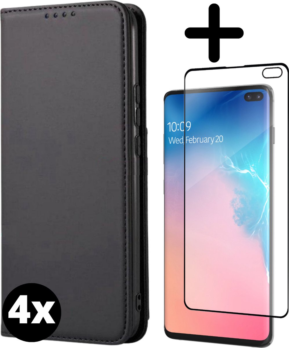 Fooniq Boek Hoesje Zwart 4x + Screenprotector 4x - Geschikt Voor Samsung Galaxy S10 Plus
