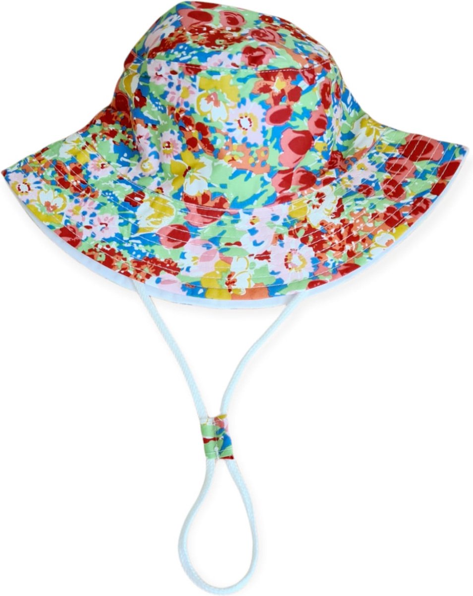 LACOFIA Zonnehoed voor baby's, meisjes, muts, strand, bob, prinses, strik, anti-uv, baby, met verstelbare kinriem, Blauwe bloemen, 6-18 Maanden