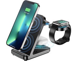 Oplader 3 in 1 draadloze Oplader 15w - Oplaadstation Opvouwbaar - Draadloze snellader Geschikt voor iPhone 16/ 16 Pro / 15 / 15 Pro /13/ 14 pro max - Wireless Charger - Qi Lader - Geschikt voor iPhone,iWatch & AirPods - Zwart
