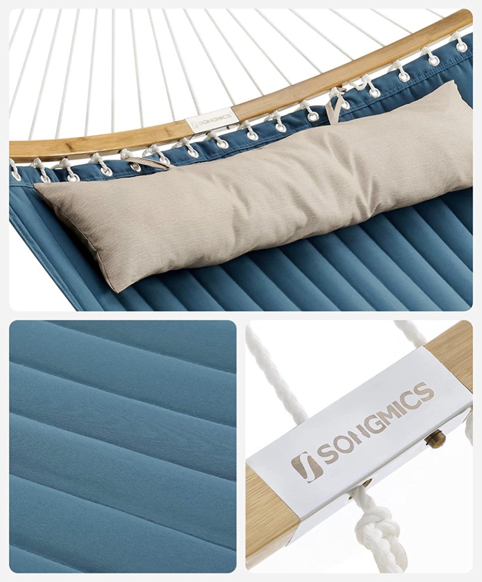 Double hamac rembourré avec barres de protection incurvées amovibles en bambou bleu et beige gdc34qw songmics