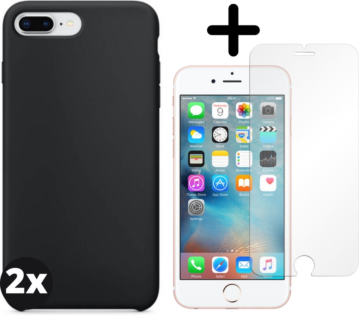 Fooniq Silicone Hoesje Zwart 2x + Screenprotector 2x - Geschikt Voor Apple iPhone 7/8 Plus