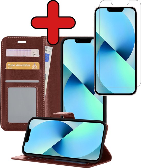 iPhone 13 Case Book Case Cover Wallet Cover avec protecteur d'écran - iPhone 13 Case Cover Wallet Case - Marron