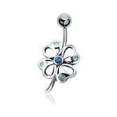 Joy|S - Navel piercing - Klaver Bloem Sterling zilver 925 - blauw kristal - staaf 316L Chirurgisch staal