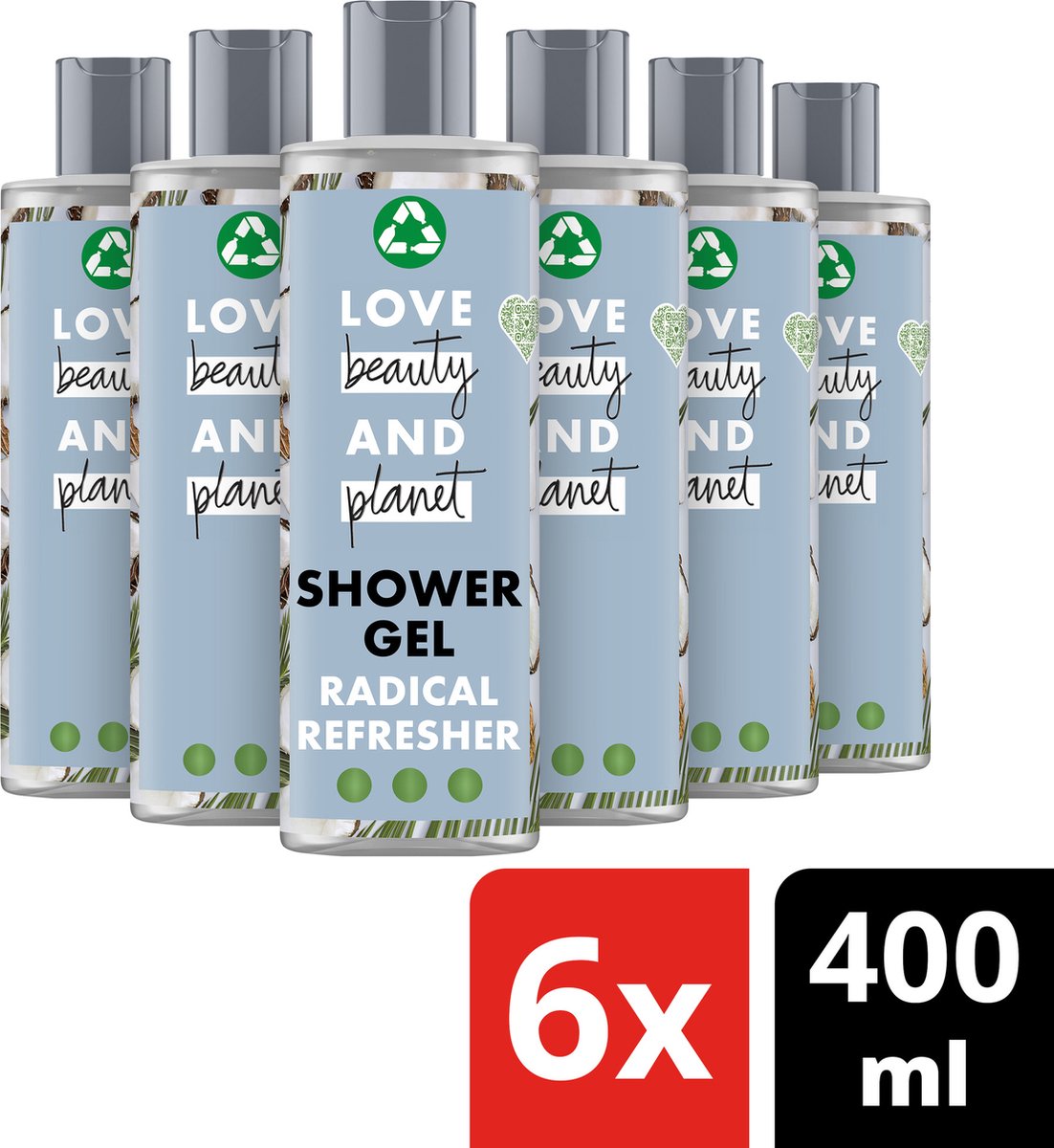 Love Beauty and Planet Coconut Water & Mimosa Flower Radical Refresher Showergel - 6 x 400 ml - Voordeelverpakking