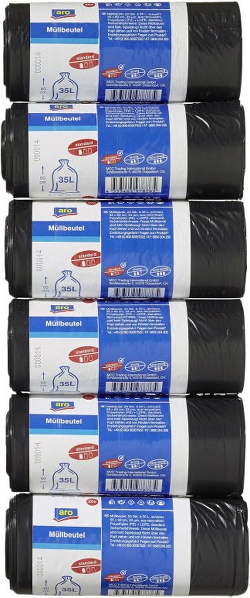 Afvalzak 35 liter - zwart standaard - 6 rollen van 20 vuilniszakken - 60 x 55 cm- strong