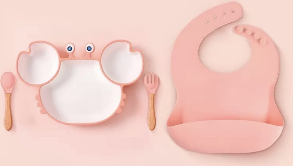 Silicone kinderservies met een zuignap onder het bord - 4 delig - roze - baby servies set - kinderbestek - kinderbord - baby servies - baby bestek - krab