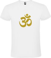 Wit  T shirt met  print van  "het mooie spirituele Ohm teken" " print Goud size M