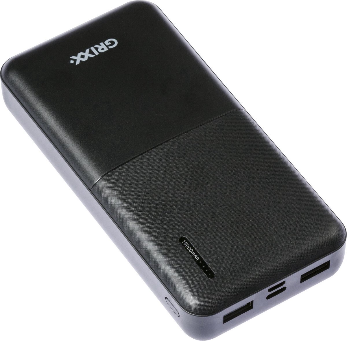 Grixx Powerbank 15000mAh Snelle Oplader - Micro USB en USB-C - 3.1 A (Max)  - Zwart | bol.com