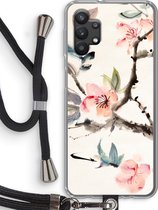 Case Company® - Samsung Galaxy A32 5G hoesje met Koord - Japanse bloemen - Telefoonhoesje met Zwart Koord - Bescherming aan alle Kanten en Over de Schermrand