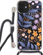 Case Company® - iPhone 12 mini hoesje met Koord - Flowers with blue leaves - Telefoonhoesje met Zwart Koord - Extra Bescherming aan alle Kanten en Over de Schermrand
