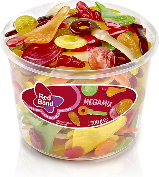 Pot Red Band Megamix, gevuld met kleurrijk, fruitig snoep in diverse vormen zoals sleutels en vissen.
