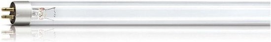 Slanke, heldere glazen buis van een UV-C lamp met metalen fitting en pinnen.