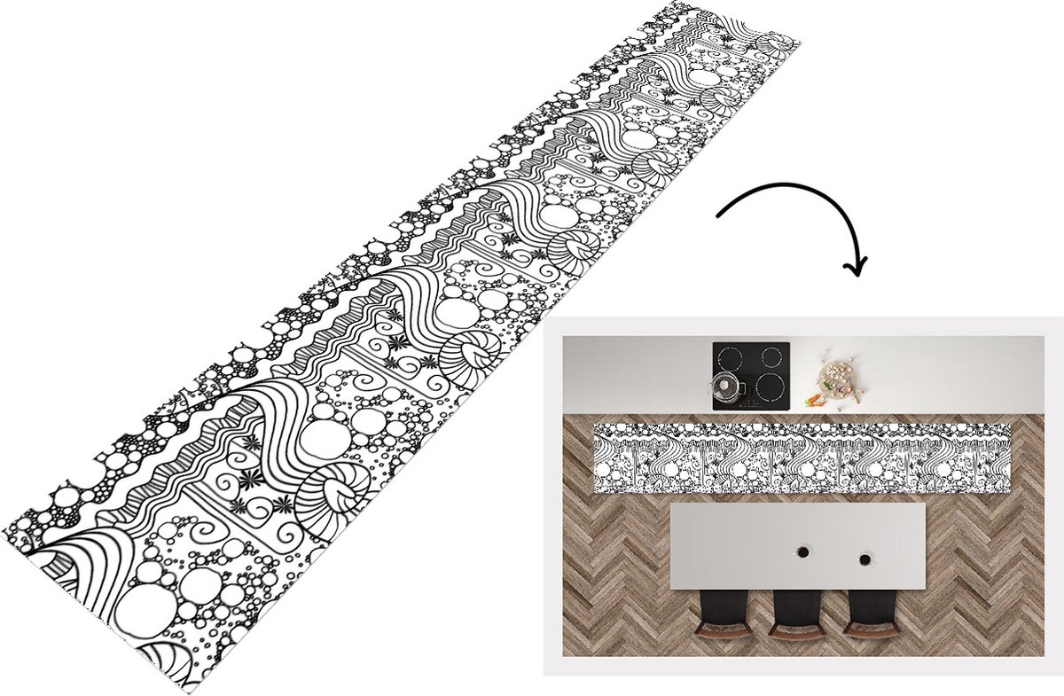 KitchenYeah Keukenloper - Keukenmat - Patronen - Abstract - Line Art - Zwart Wit - 360x60 cm - Keuken vloerkleed Zwart; Wit