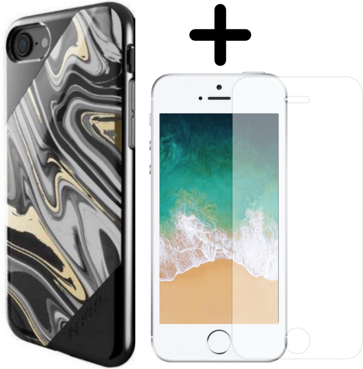 Fooniq Swirl Hoesje Zwart + Screenprotector - Geschikt Voor Apple iPhone SE 2020