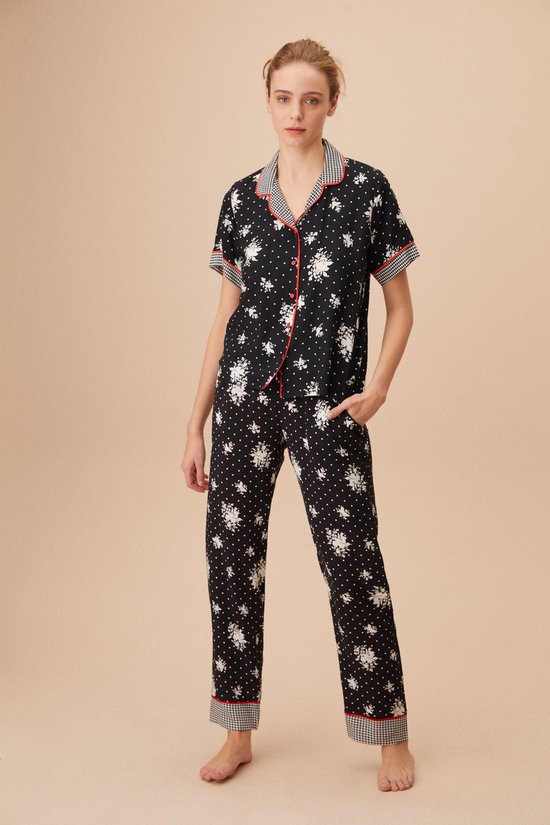 Suwen- Zomer- Katoen Dames Pyjama Set - Huispak- Homewear -Satijn- Cadeau- Zwart Maat M