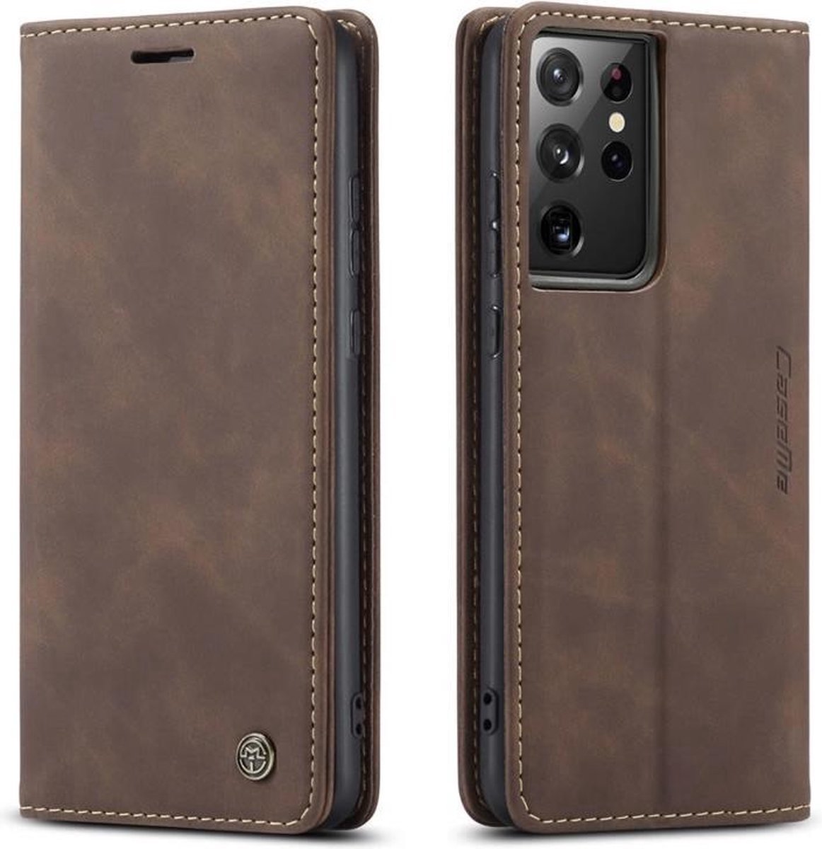 CaseMe Bookcase Pasjeshouder Hoesje Samsung S21 Ultra Bruin - Telefoonhoesje - Smartphonehoesje - Zonder Screen Protector