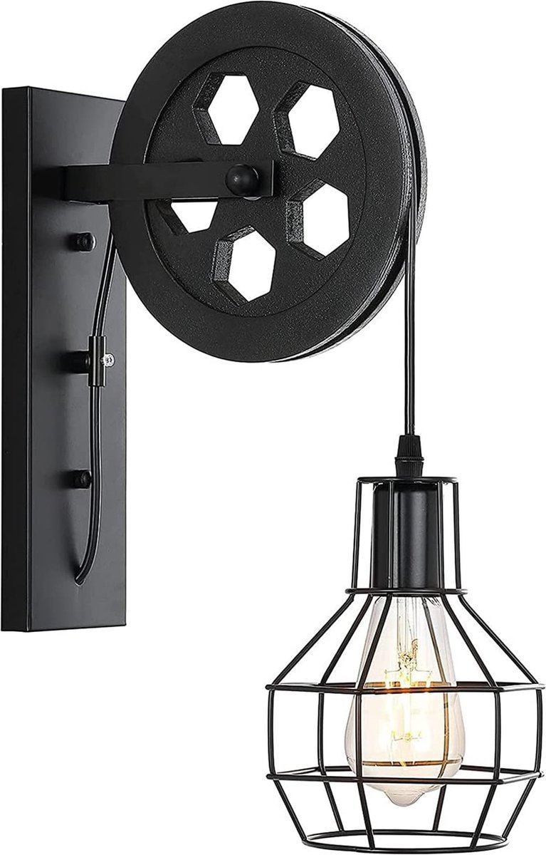 Industriële Wandlamp Zwart | Katrol lamp vintage | Wandlampen | Lampen industrieel | muurlamp binnen | Wandverlichting metaal hout | Wandverlichting voor binnen | Loft | Vintage katrollamp | Industrieel | E27 Fitting