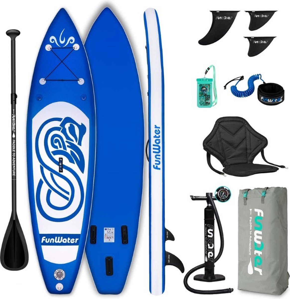 Funwater Rainbow Snake Blue 10′ all-round SUP board - Met kajakzitje - Met telefoonhoesje