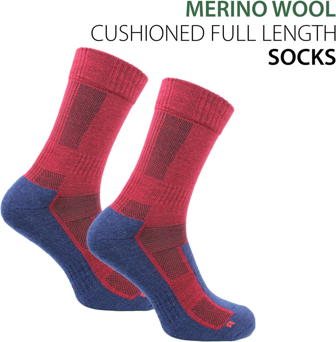 Norfolk - Wandelsokken - 2 Paar - 60% Merino wollen Sokken met Demping - Leonardo - Rood-Blauw - Maat 35-38