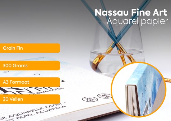 Nassau Fine Art Aquarelpapier A3 Voor Kunstenaars | 20 losse vellen | Dikte: 300 g/m² | Premium aquarelpapier om te schilderen met aquarelverf & pastelkrijt | Kwaliteitspapier voor perfecte kleuren - Nassau Fine Art