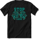 Stop and game | Gaming kado T-Shirt heren - dames | Petrol | Perfect game pc cadeau shirt | Grappige console spreuken - zinnen - teksten Maat S