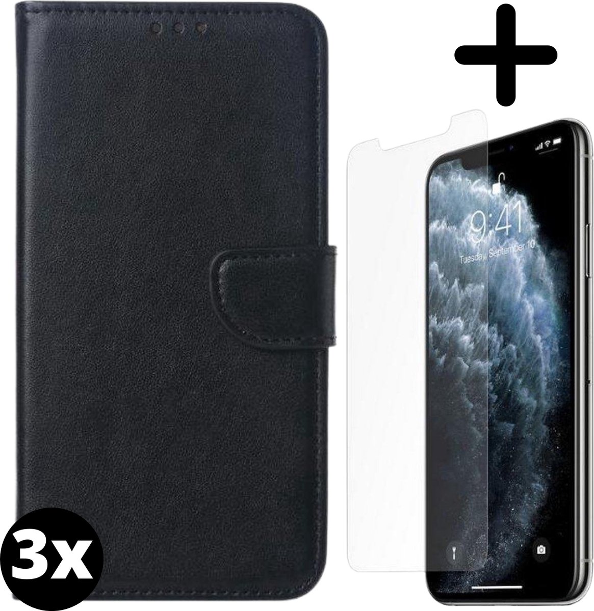 Fooniq Boek Hoesje Zwart 3x + Screenprotector 3x - Geschikt Voor Apple iPhone 11 Pro Max