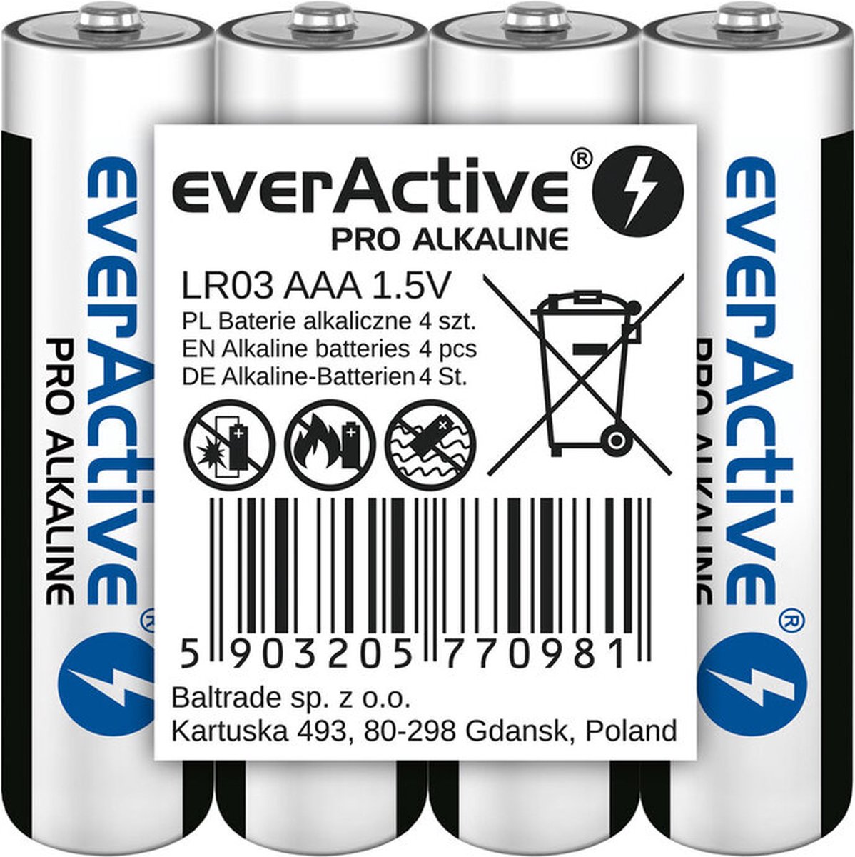 4 x everActive Pro LR03 / AAA alkalinebatterijen