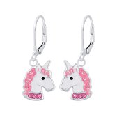 Joy|S - Zilveren eenhoorn oorbellen - unicorn roze - leverback sluiting