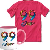 99 Jaar Vrolijke Verjaadag T-shirt met mok giftset Roze | Verjaardag cadeau pakket set | Grappig feest shirt Heren – Dames – Unisex kleding | Koffie en thee mok | Maat XL