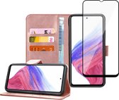 Samsung A53 5G Book Case Hoesje - Samsung A53 5G Screenprotector - Flip Portemonnee Rose met Full Cover Gehard Glas