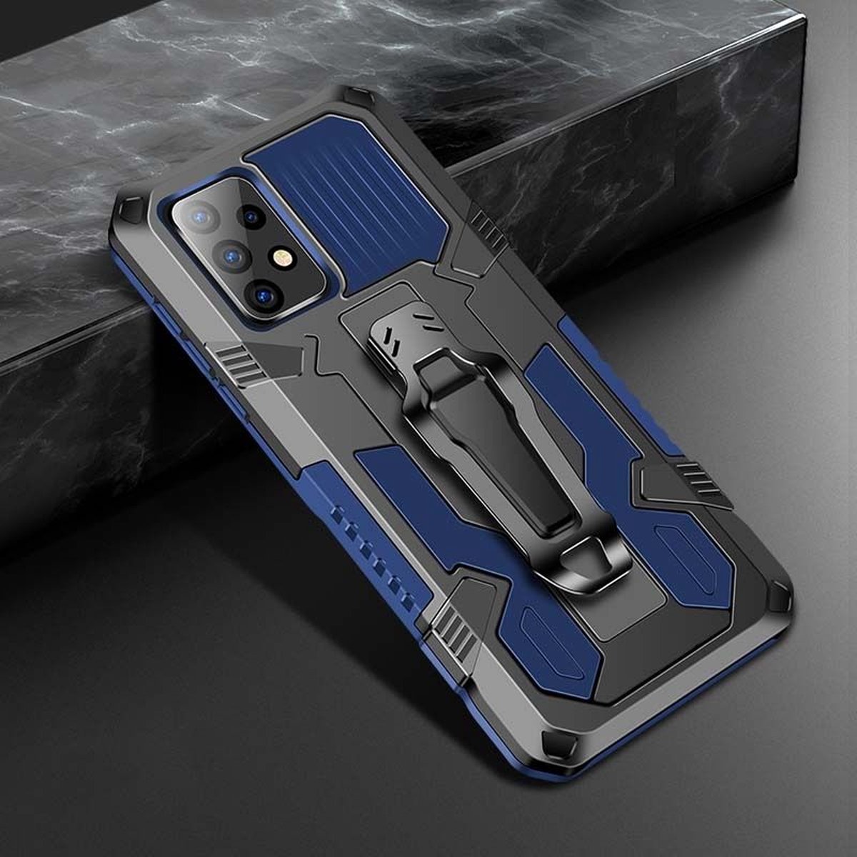Mobigear Hoesje geschikt voor Samsung Galaxy A52 Telefoonhoesje Hardcase | Mobigear Armor Stand Backcover Shockproof met Standaard | Schokbestendig Galaxy A52 Telefoonhoesje | Anti Shock Proof - Zwart / Blauw