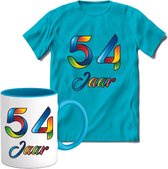 54 Jaar Vrolijke Verjaadag T-shirt met mok giftset Blauw | Verjaardag cadeau pakket set | Grappig feest shirt Heren – Dames – Unisex kleding | Koffie en thee mok | Maat XL