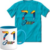 71 Jaar Vrolijke Verjaadag T-shirt met mok giftset Blauw | Verjaardag cadeau pakket set | Grappig feest shirt Heren – Dames – Unisex kleding | Koffie en thee mok | Maat XXL
