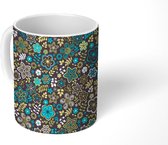 Mok - Koffiemok - Bloemen - Blauw - Goud - Patroon - Bladeren - Mokken - 350 ML - Beker - Koffiemokken - Theemok