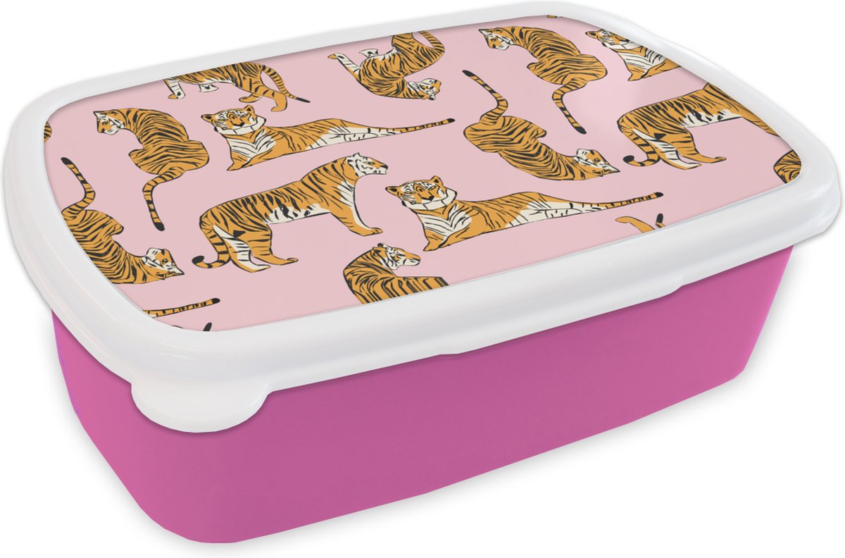 Broodtrommel Roze - Lunchbox - Brooddoos - Patroon - Tiger - Dieren - 18x12x6 cm - Kinderen - Meisje