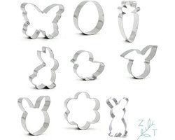 ZijTak - Pasen - Paas Uitsteekvorm - 9 stuks - Vlinder - Haas - Wortel - Lente - Ei - Kuiken - Konijn - Bloem - RVS - Uitsteekvormpjes - Koek - Koekjes - Bakken