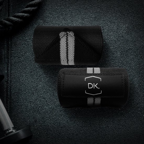 DK.® 2 Stuks Wrist Wraps - Polsbrace - Polssteun - Polsbandage - Polsbanden - Wrist Support - Polsbeschermer - Lifting straps - Fitness - Crossfit - Bootcamp - Krachttraining - Powerlifting - Gewichtheffen - Grijs/Zwart