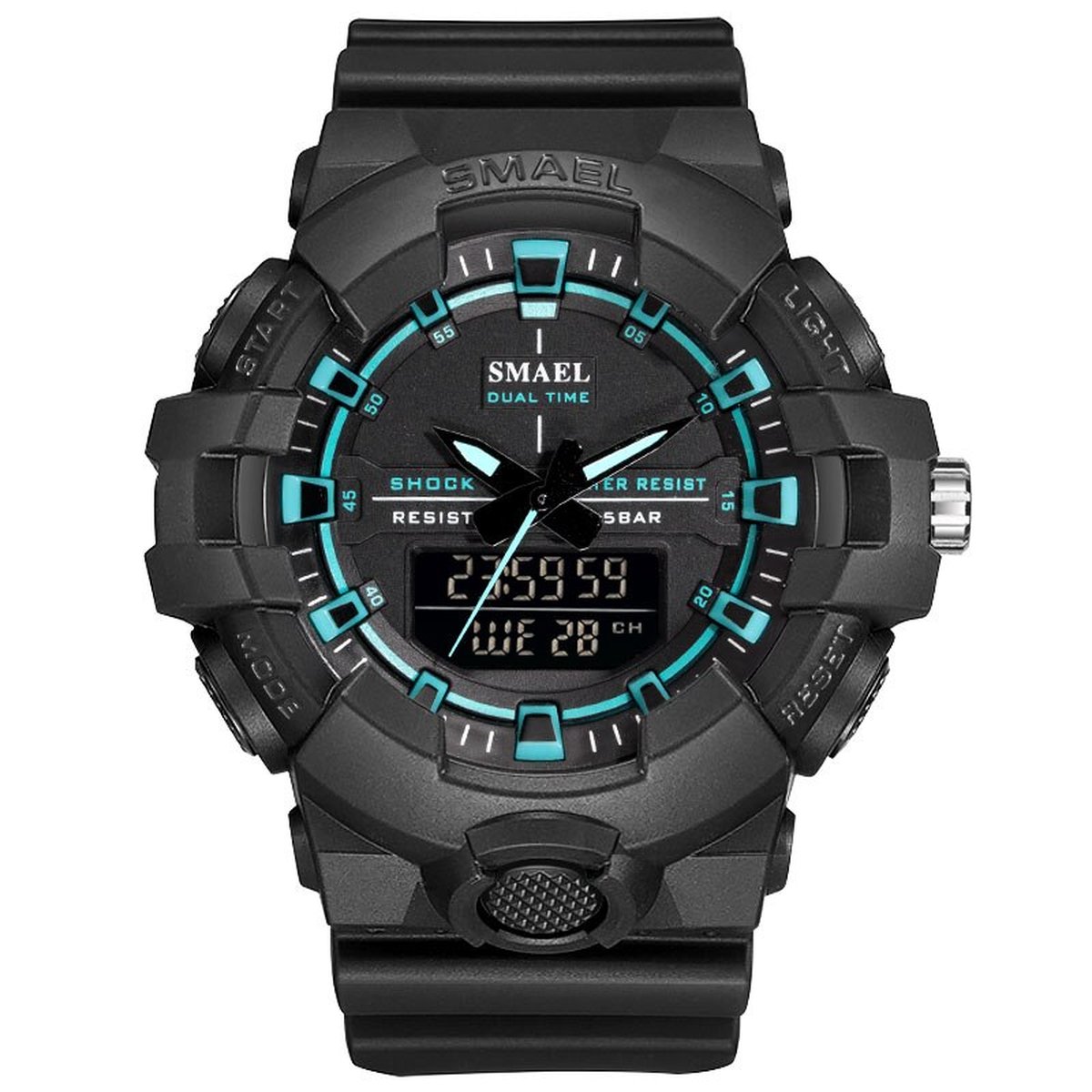 Shock Bestendig Heren Horloge Zwart Blauw met rubber band | Smael | 1642b | Waterdicht | Glow in dark | Mud Master | Leger | Licht | Rubberen band | Timer | Army | Eyecatcher | Master| Vaderdag Cadeau | Vaderdag | kado|