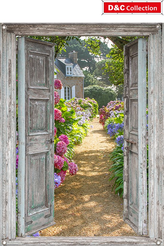 D&C Collection - 65x90 cm - tuindoek - doorkijk - deuren hortensiatuin - tuindoek - bloemen - schuttingposter