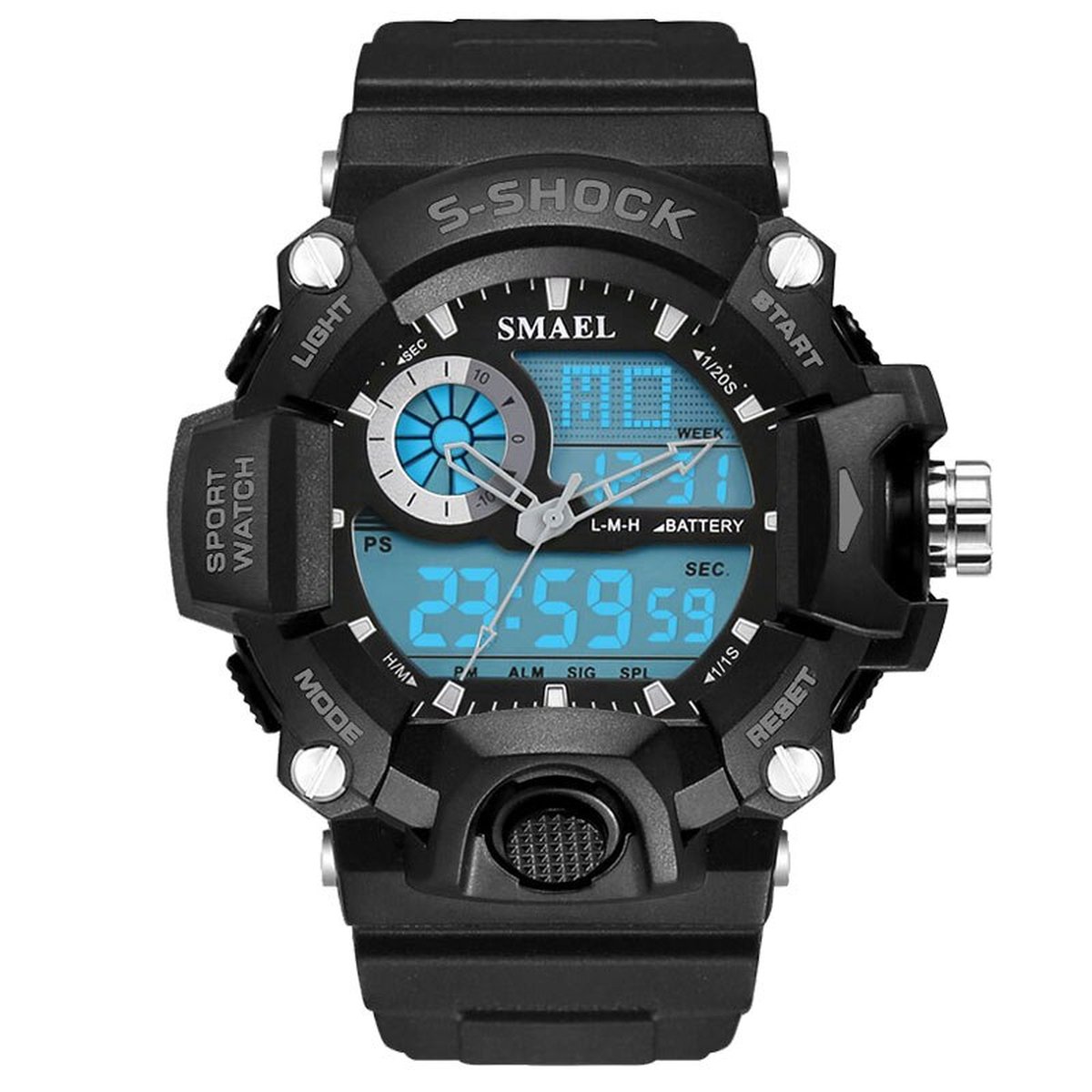 Shock Bestendig Heren Horloge Zwart met rubber band | Smael | 1385 | Waterdicht | Glow in dark | Mud Master | Leger | Licht | Rubberen band | Timer | Army | Eyecatcher | Master| Vaderdag Cadeau | Vaderdag | kado|