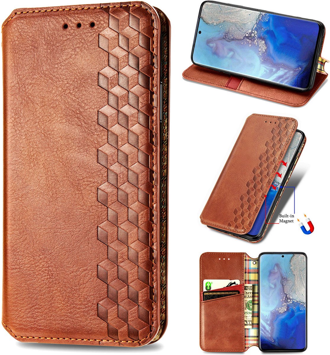 Luxe PU Lederen Ruitpatroon Wallet Case + PMMA Screenprotector voor Galaxy S20+ (4G/5G) _ Bruin