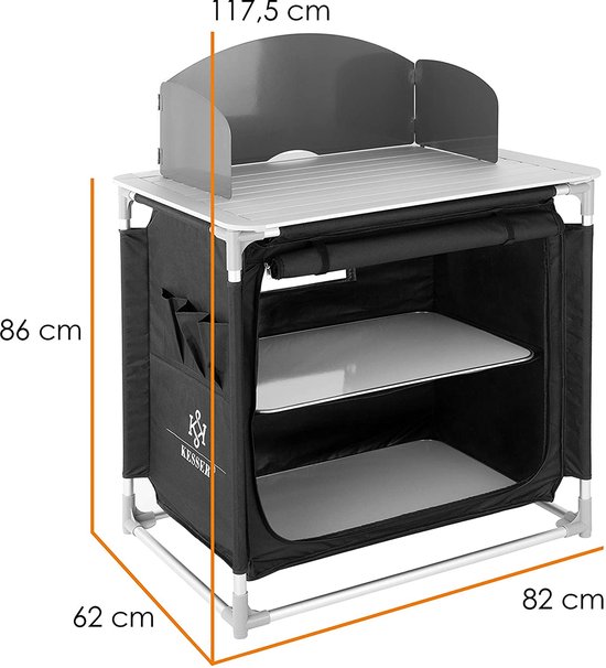 KESSER® Campingkeuken, opvouwbaar, outdoor campingkast, keukenkast met aluminium frame, 3 vakken, 60 x 80 cm incl. 4-delige bekerset, zijvakken, vliegengaas en UV-bestendige stof, campingkeuken