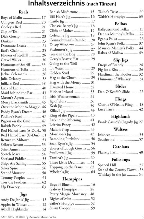 Inhoudsopgave van het boek 'Das Irish Fiddle Buch' met verschillende muziekgenres.