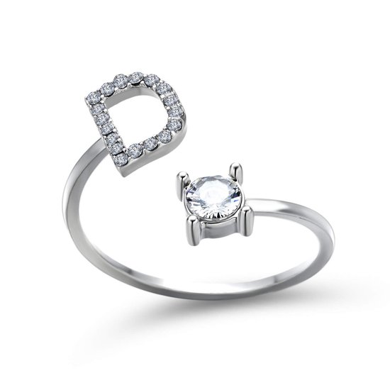 Ring met letter D - Ring met steen - Aanschuifring - Zilver kleurig - Ring Zilver dames - Cadeau voor vriendin - Vrouw - Sieraad meisje - Mooie ring tieners - Alfabet ring D - Ring met initiaal