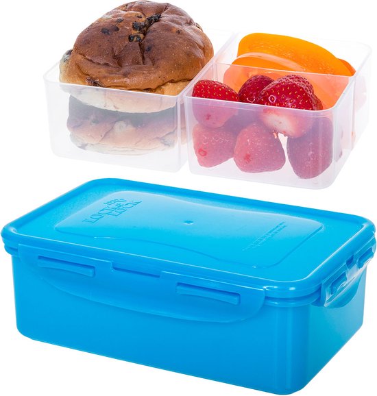 Lock&Lock Lunchbox - Boîte à bento - Boîtes à goûter - Boîte à goûter avec séparateurs - Set de 3 pièces - Enfants - Étanche - 1 litre - Blauw